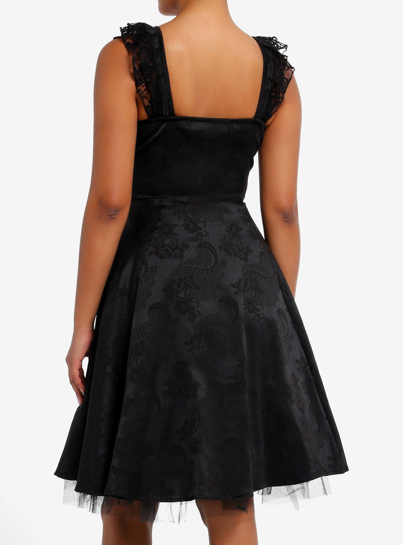 Black Brocade Corset Ruffle Midi Dress, , hi-res