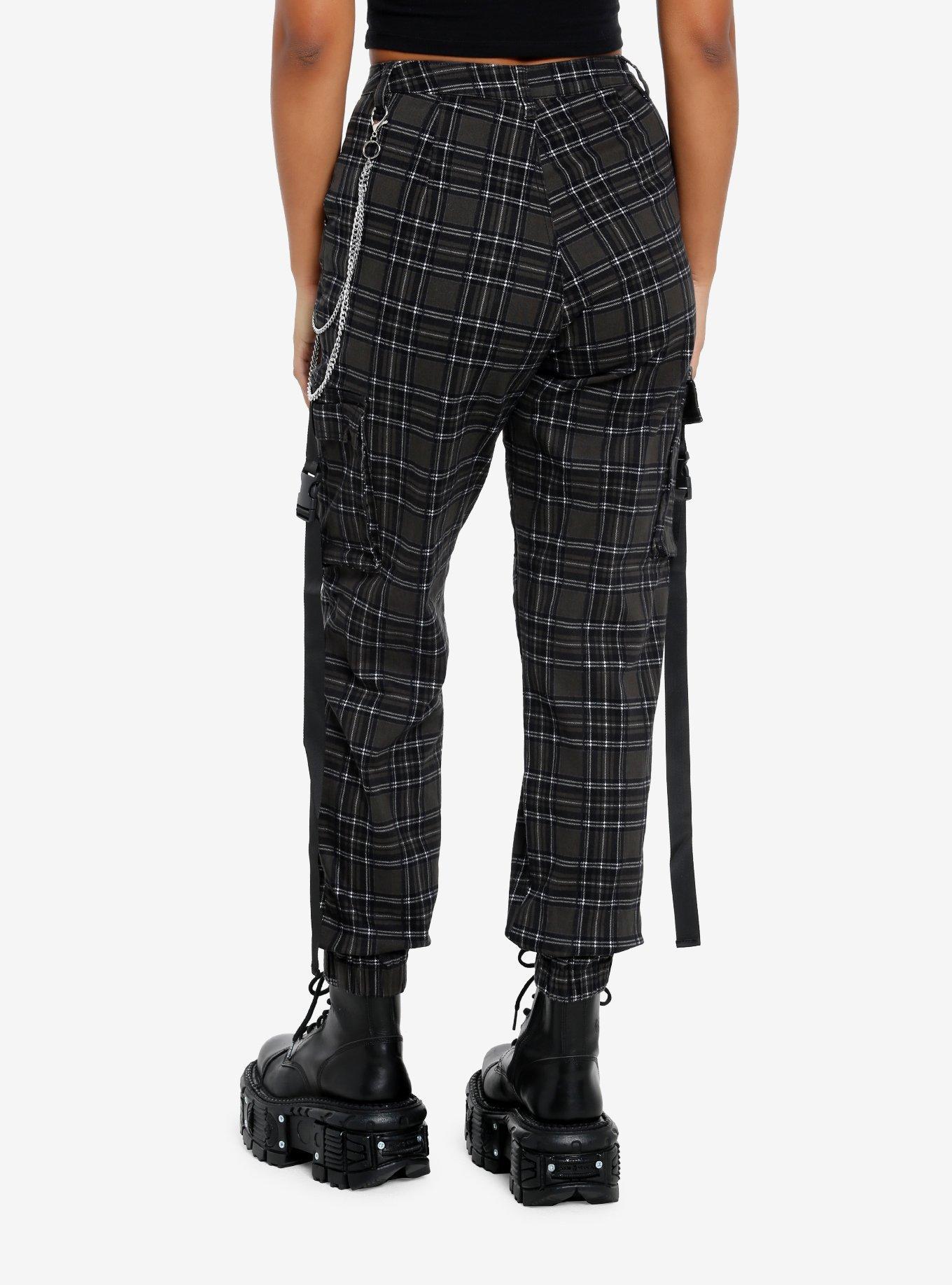 Grey & Black Plaid Cargo Pants, BLACK, alternate