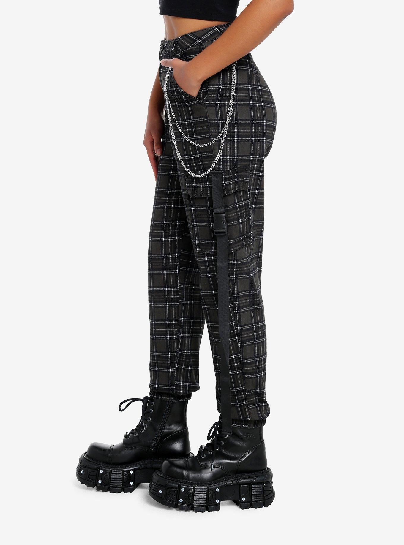 Grey & Black Plaid Cargo Pants, BLACK, alternate