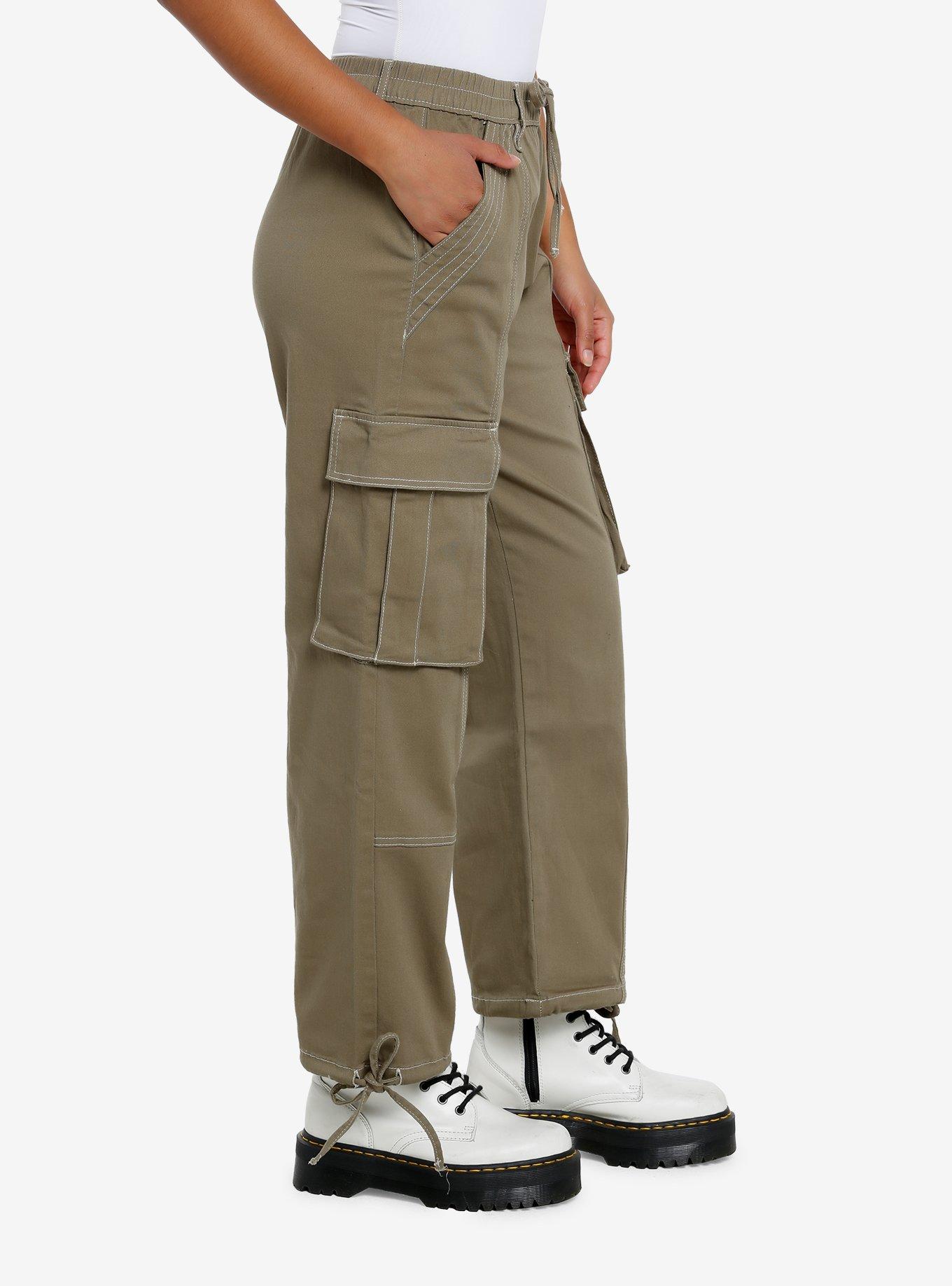 Olive Green Contrast Stitch Cargo Pants, OLIVE, alternate