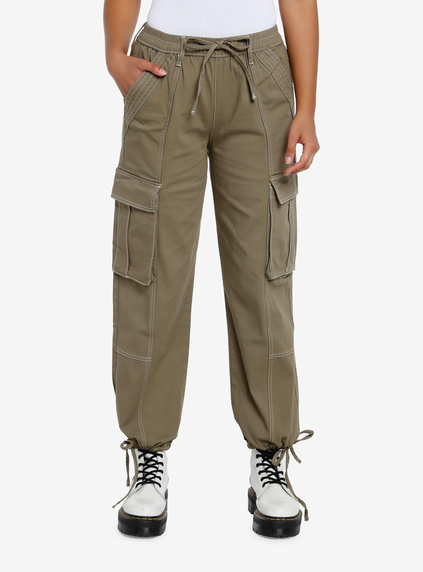 Olive Green Contrast Stitch Cargo Pants, OLIVE, alternate