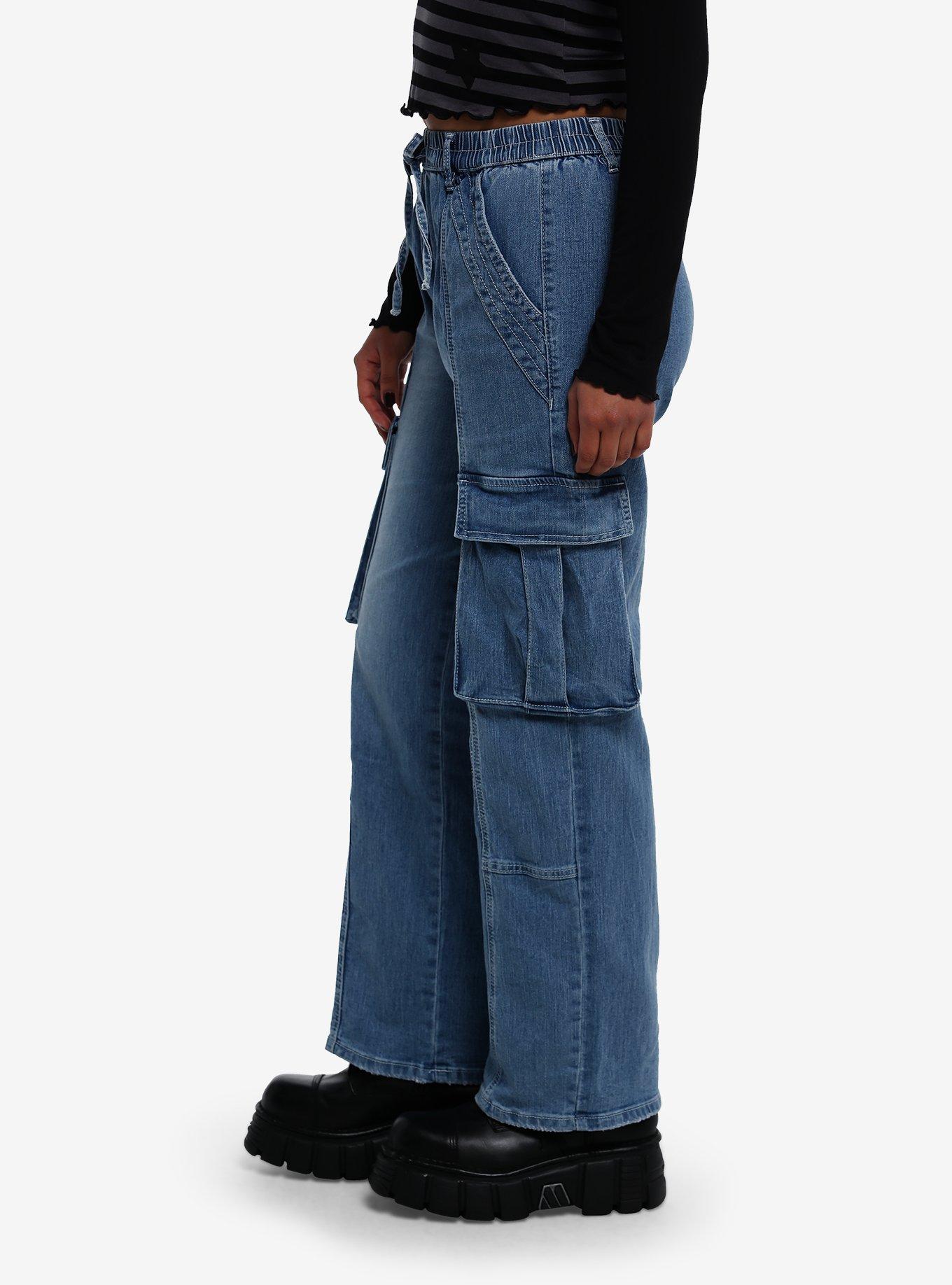 Denim Drawstring Cargo Pants, BLUE, alternate