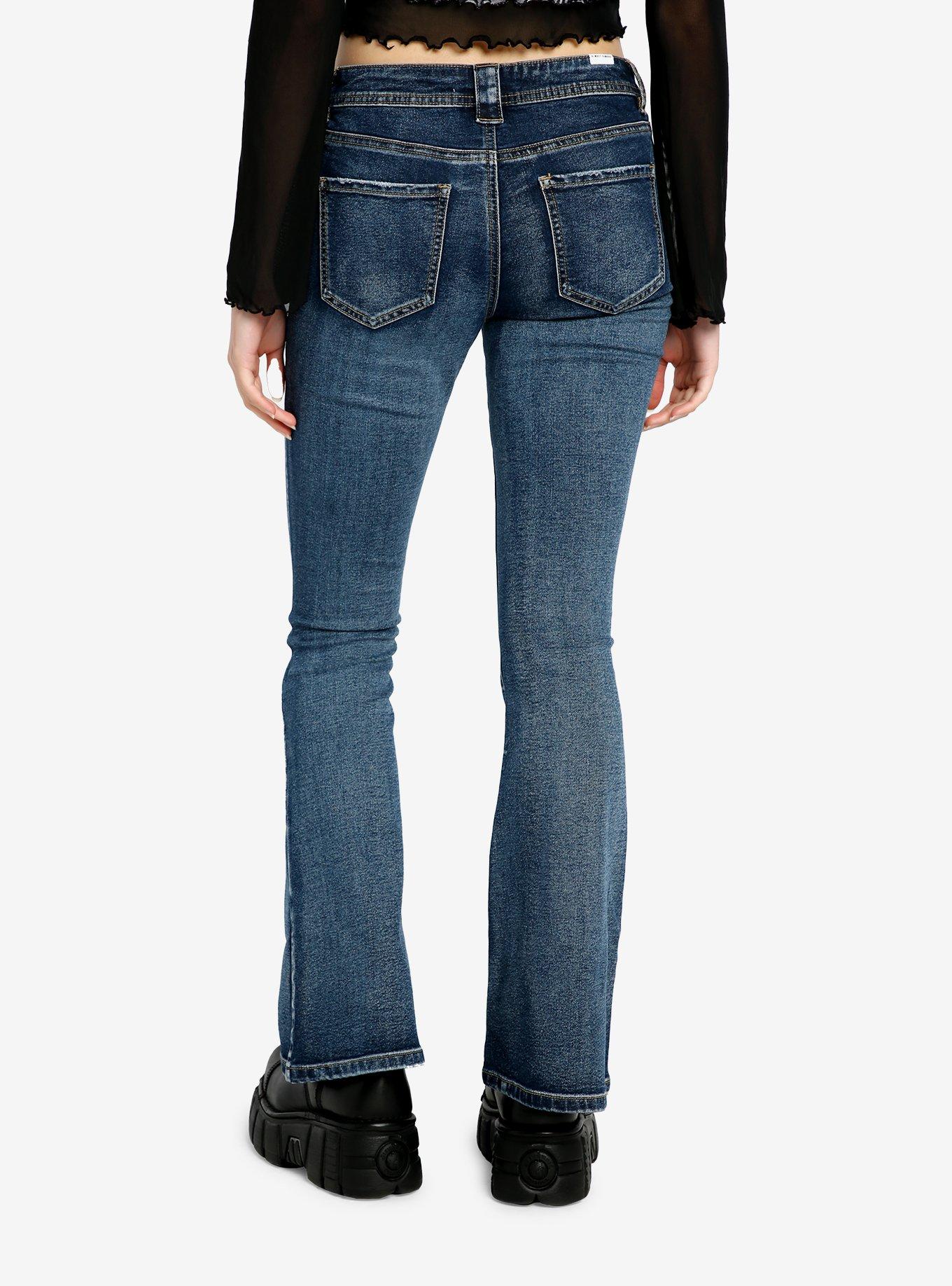 Washed Indigo Front Pocket Flare Jeans, , alternate