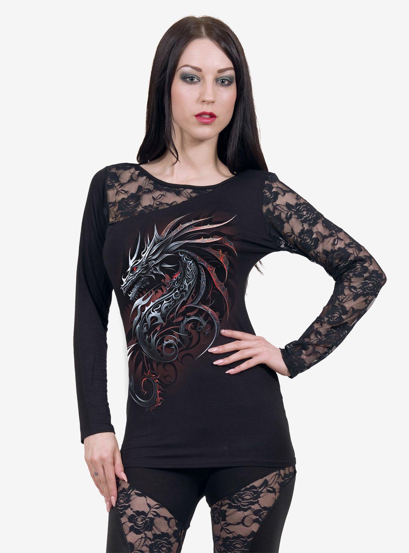 Spiral Dragon Shards Lace One Shoulder Top Black, BLACK, alternate