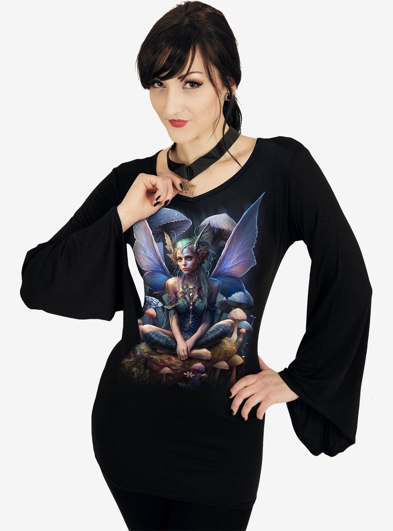 Spiral Magical V Neck Goth Sleeve Top Black, BLACK, alternate