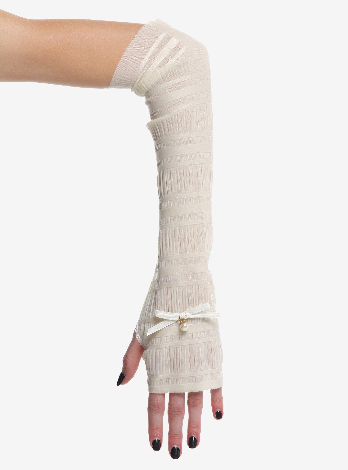 Ivory Shirred Pearl Bow Arm Warmers, , alternate