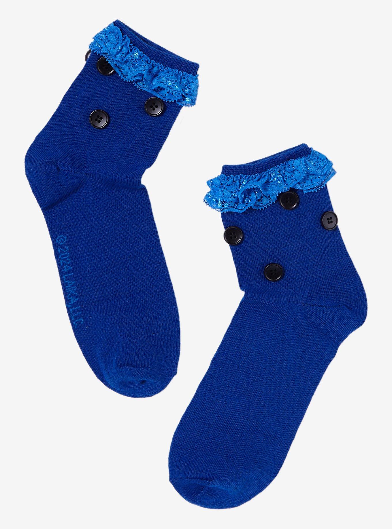 Coraline Button Blue Lace Ankle Socks, , alternate