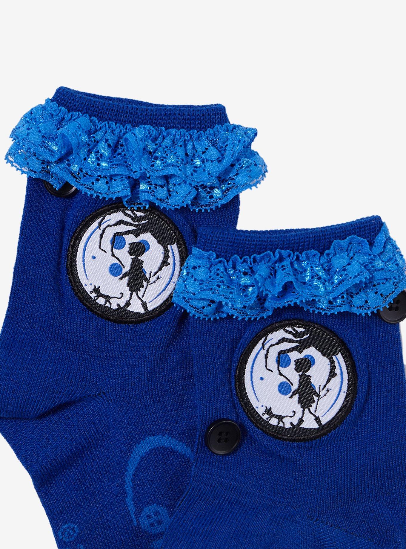 Coraline Button Blue Lace Ankle Socks, , alternate