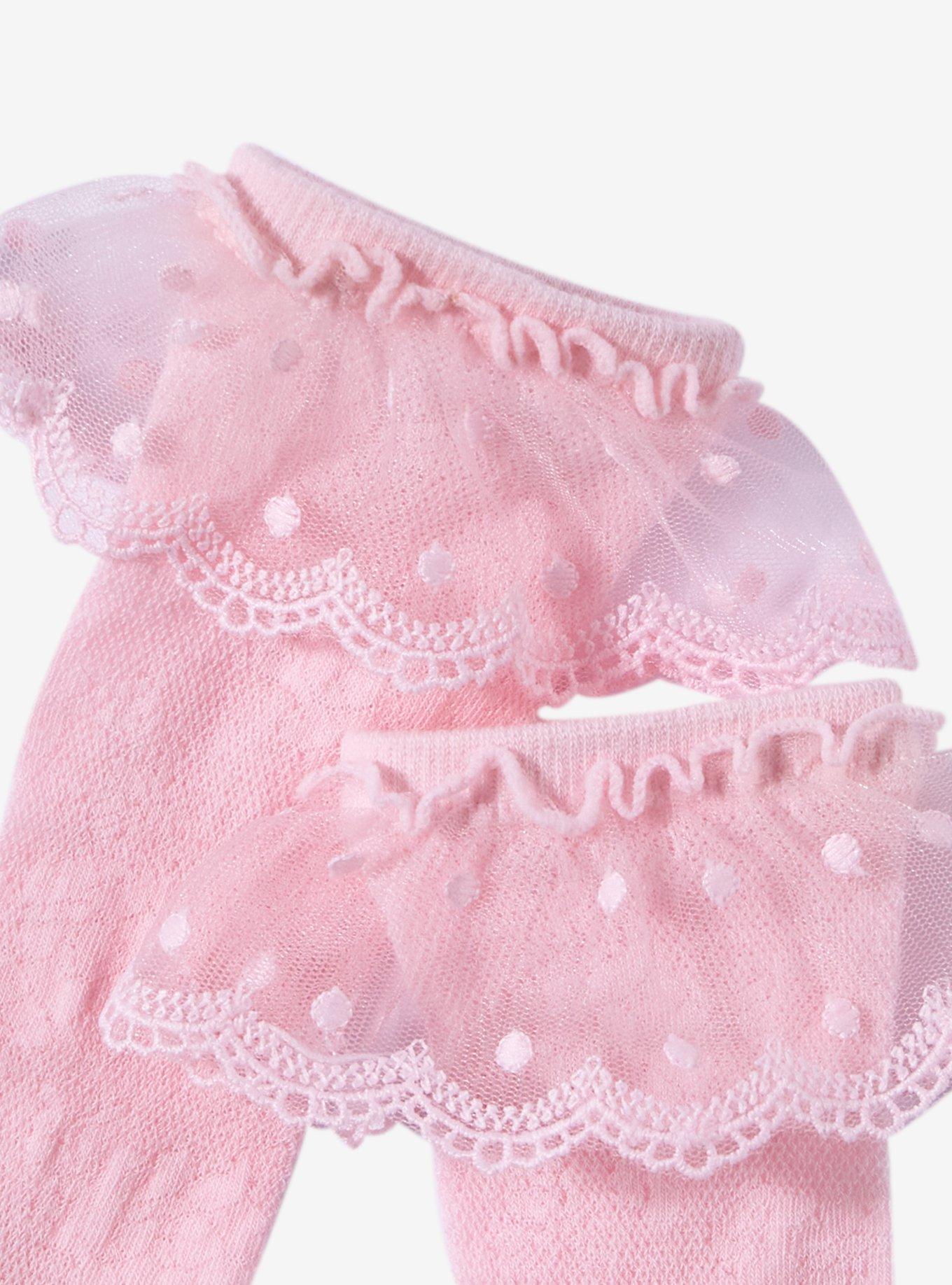 Pink Lace Ruffle Crew Socks, , alternate