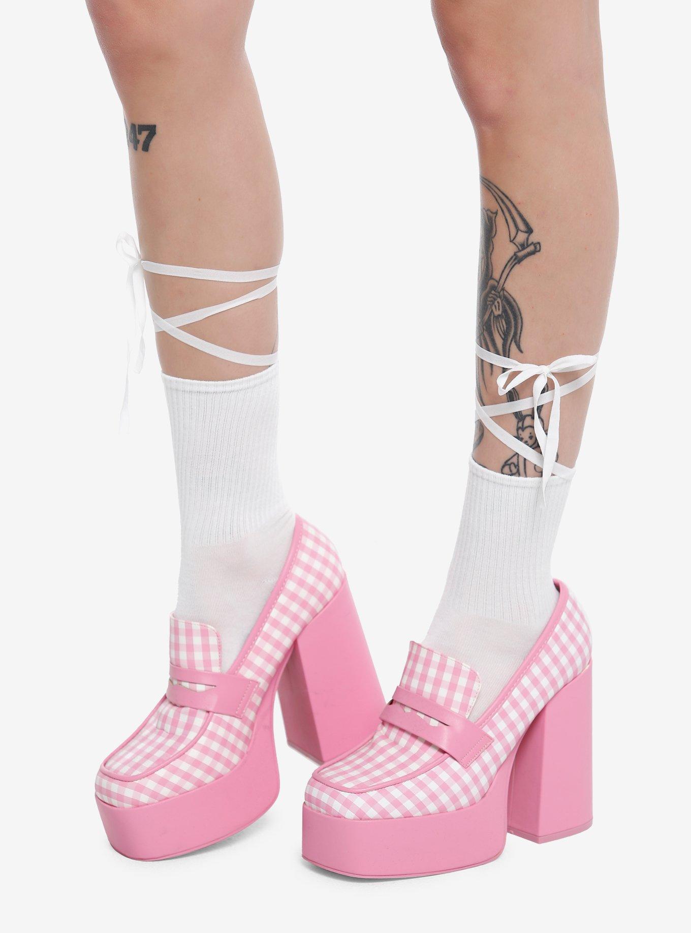 White Lace-Up Crew Socks, , alternate