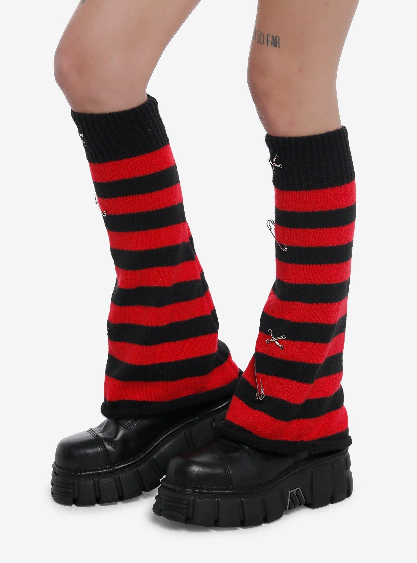 Black & Red Stripe Safety Pin Flared Leg Warmers, , hi-res