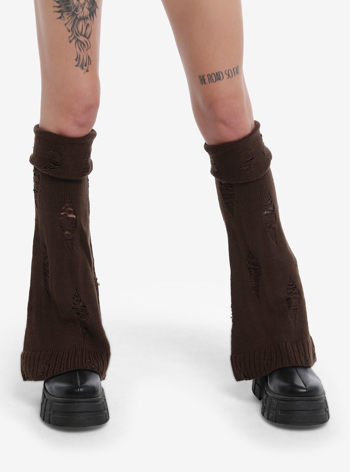 Brown Distressed Flared Leg Warmers, , alternate