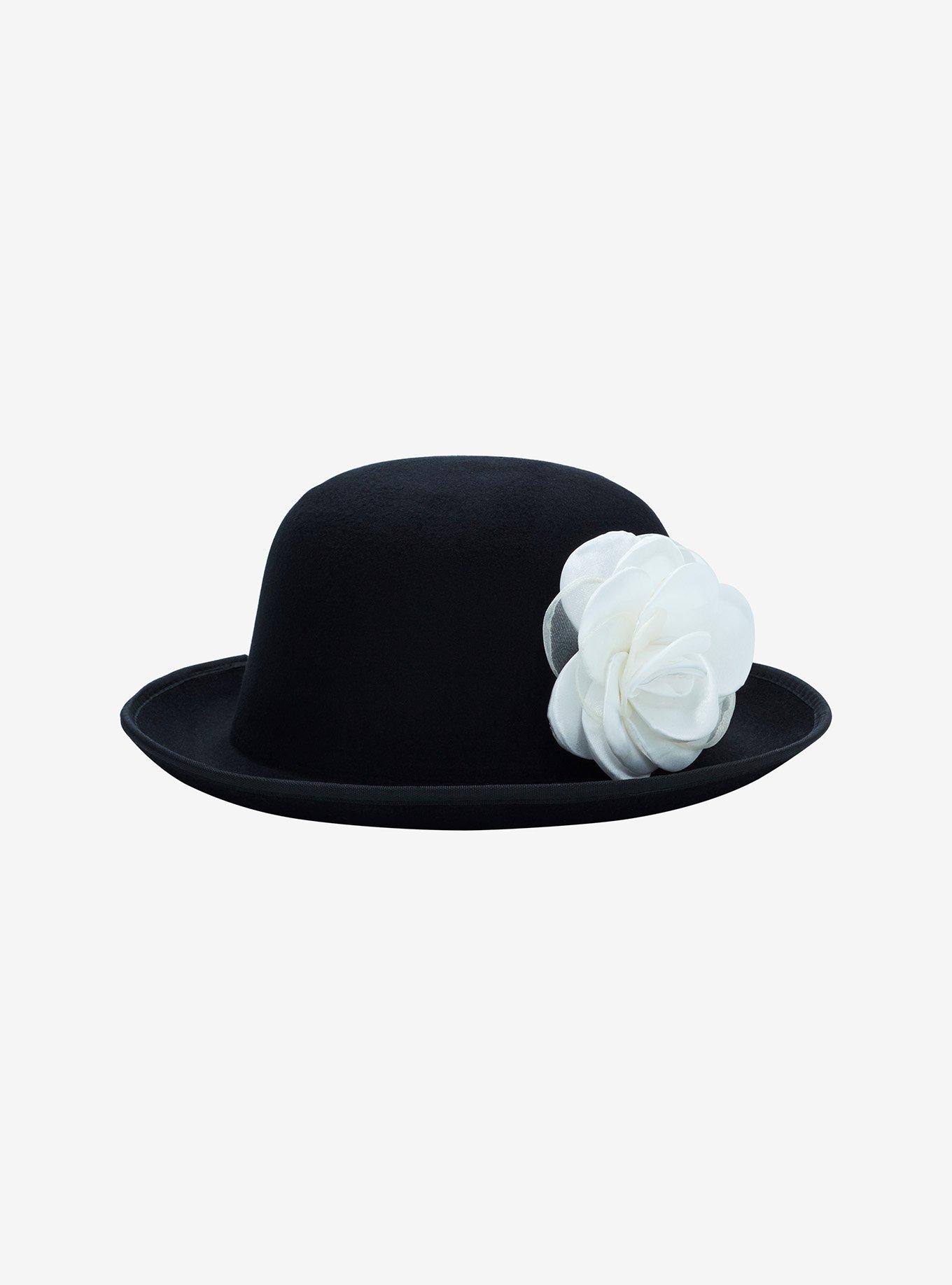 Black With White Rose Bowler Hat, , alternate