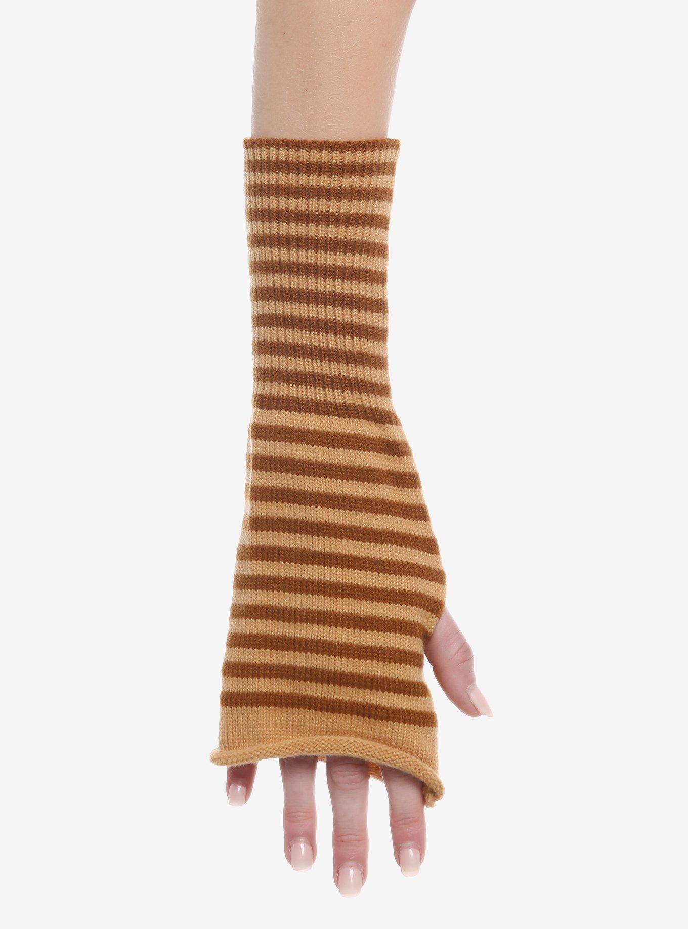 Brown Stripe Rolled Hem Arm Warmers, , alternate