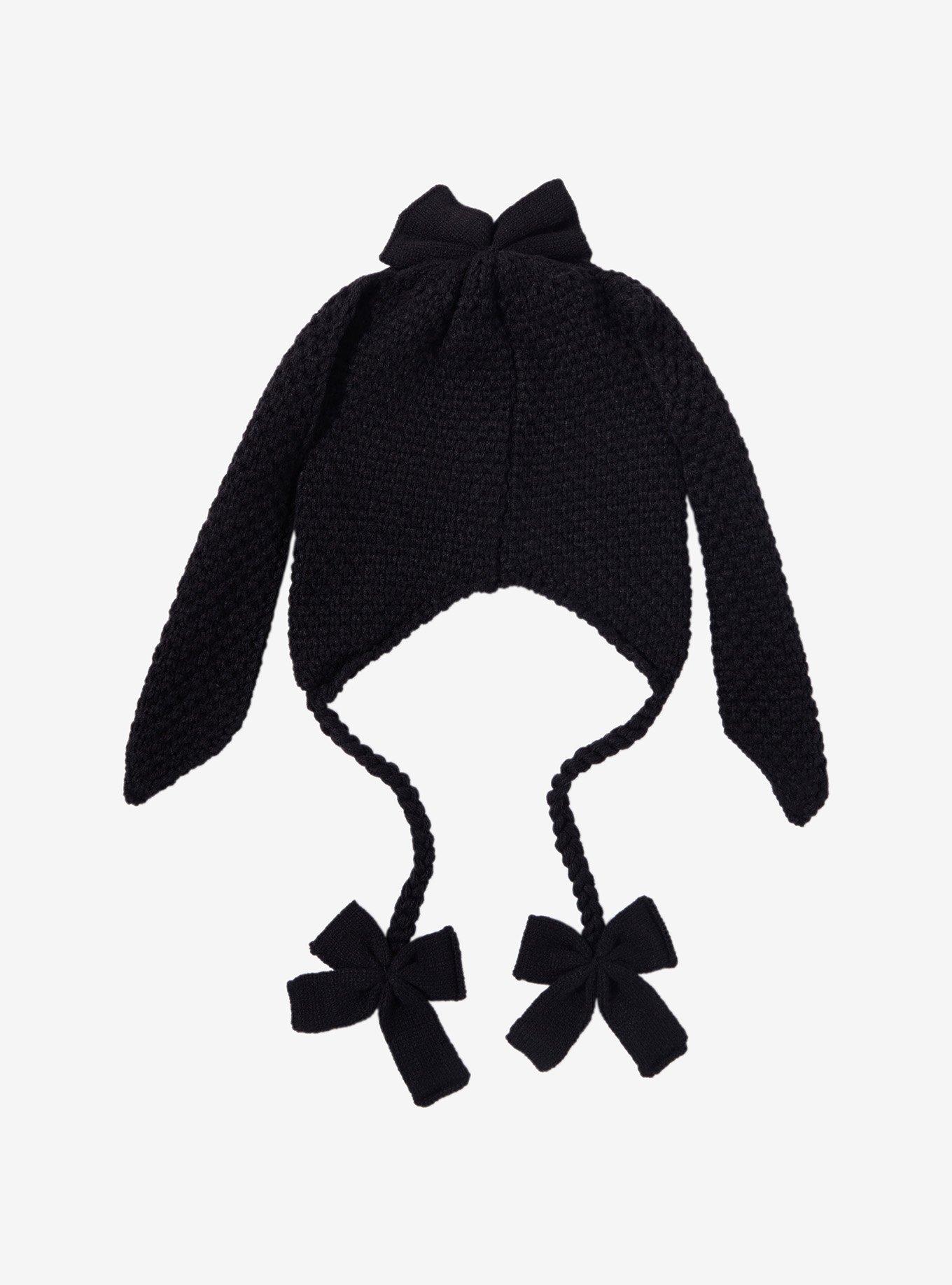 Black Bow Bunny Ear Tassel Beanie, , alternate