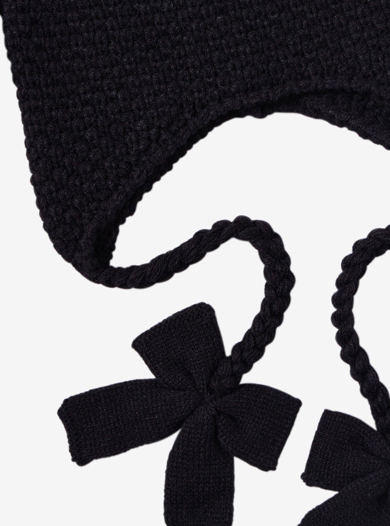 Black Bow Bunny Ear Tassel Beanie, , alternate