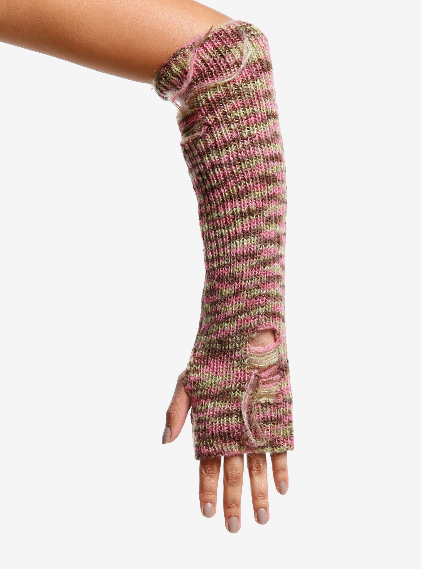 Pink Brown & Green Destructed Knit Arm Warmers, , hi-res