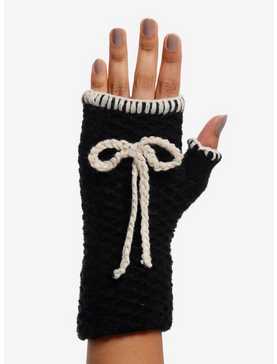 Black & Cream Crochet Bow Fingerless Gloves, , hi-res