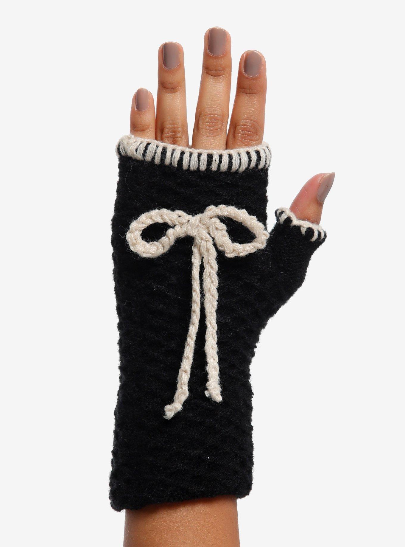 Black & Cream Crochet Bow Fingerless Gloves, , alternate