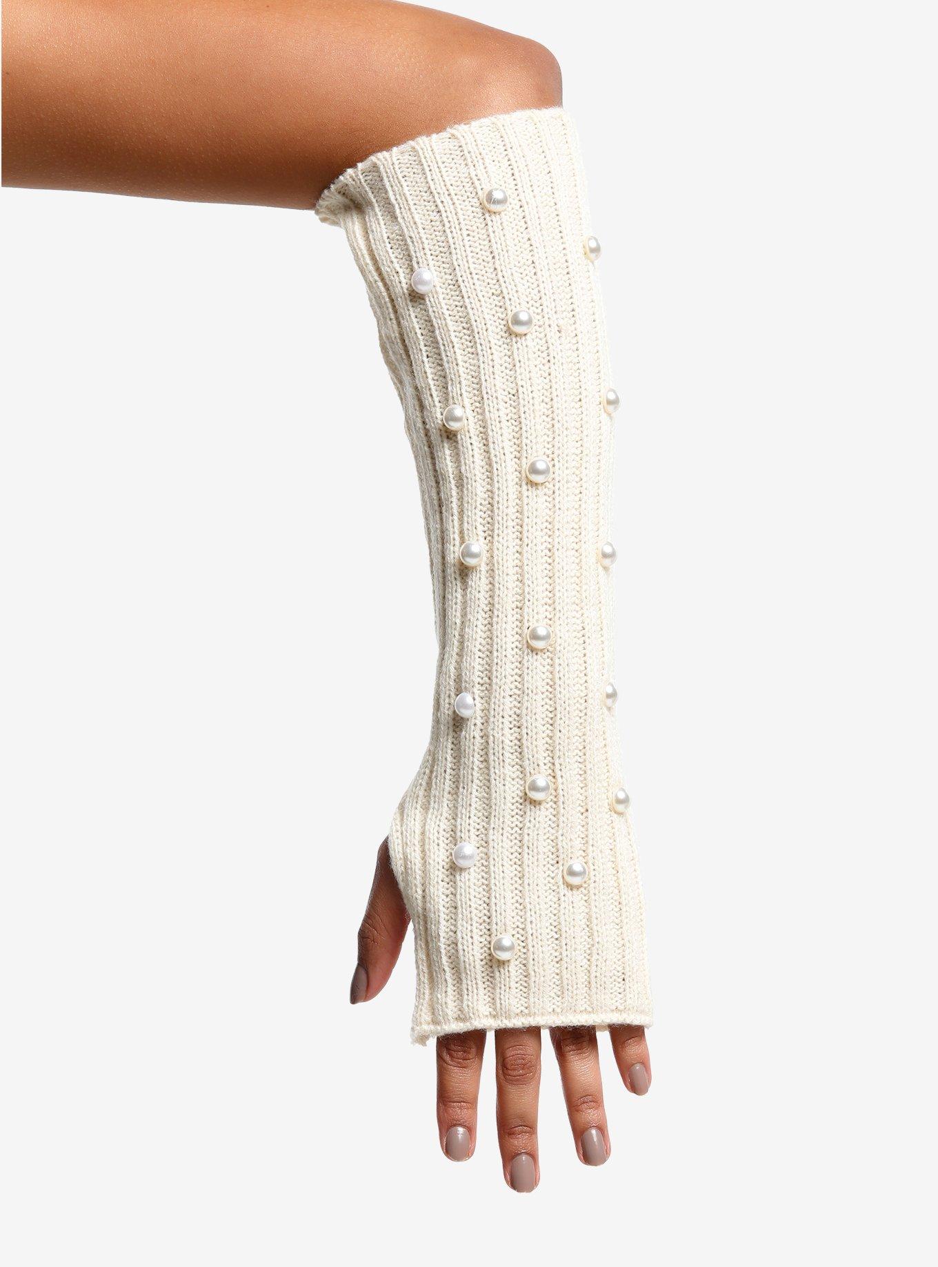 Cream Knit Pearl Beaded Arm Warmers, , hi-res