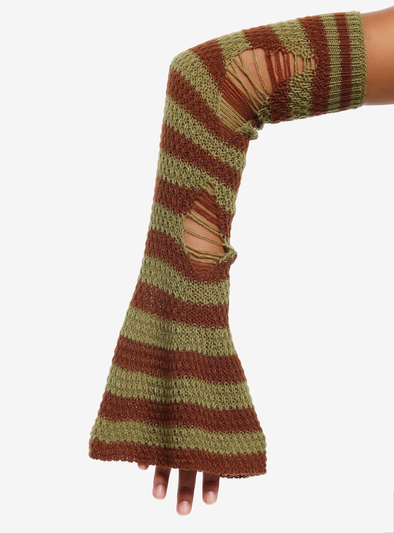 Green & Brown Distressed Knit Flared Arm Warmers, , alternate