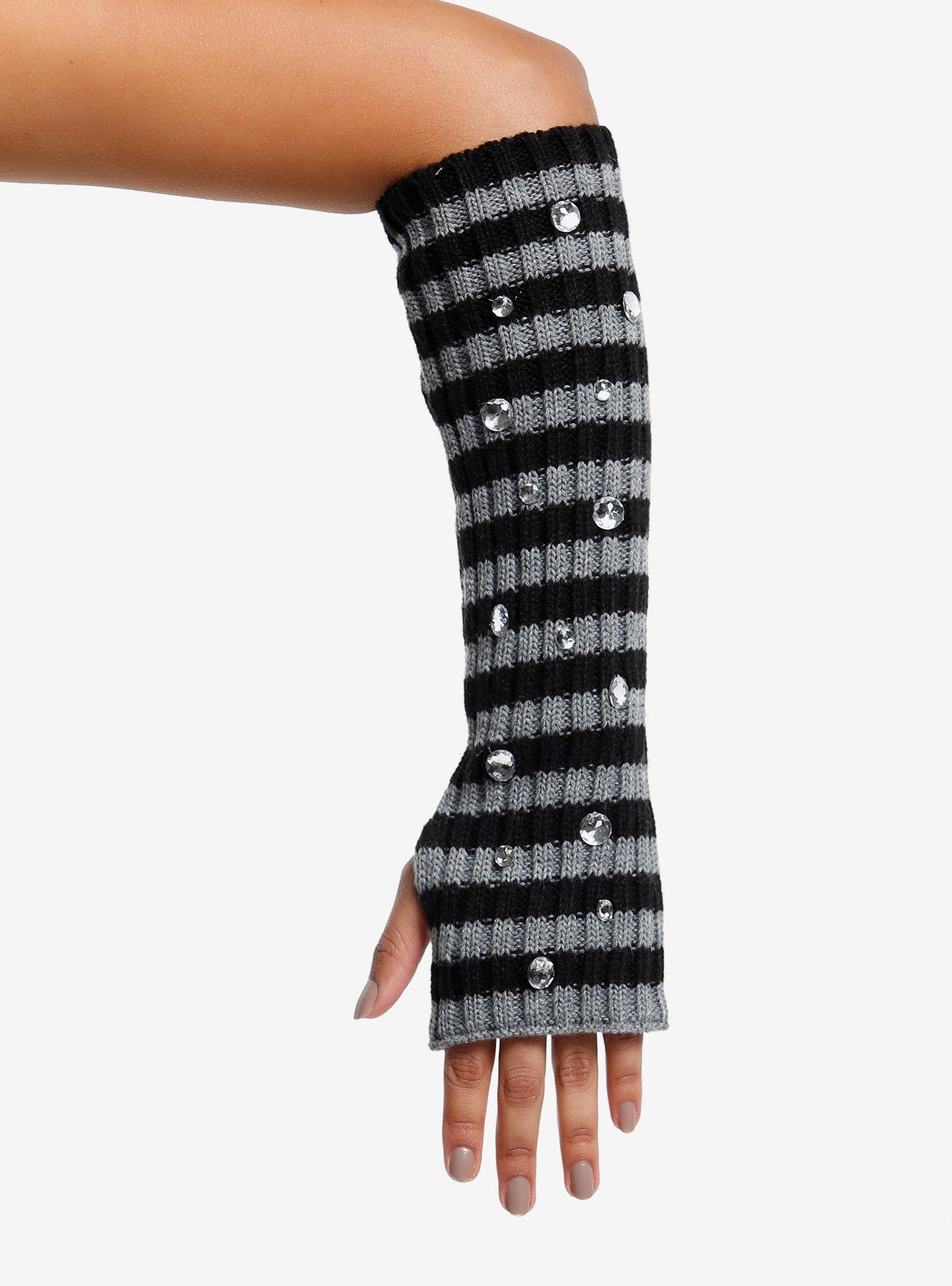 Grey & Black Stripe Rhinestone Arm Warmers, , hi-res