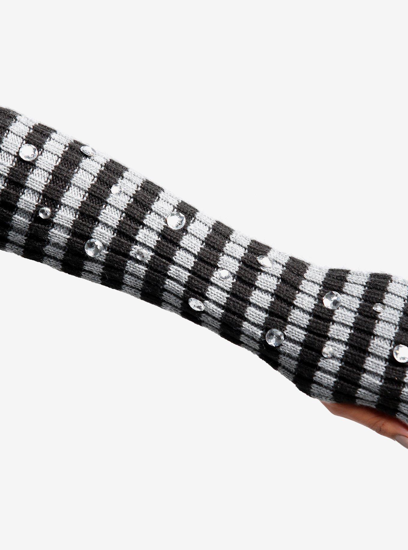 Grey & Black Stripe Rhinestone Arm Warmers, , alternate