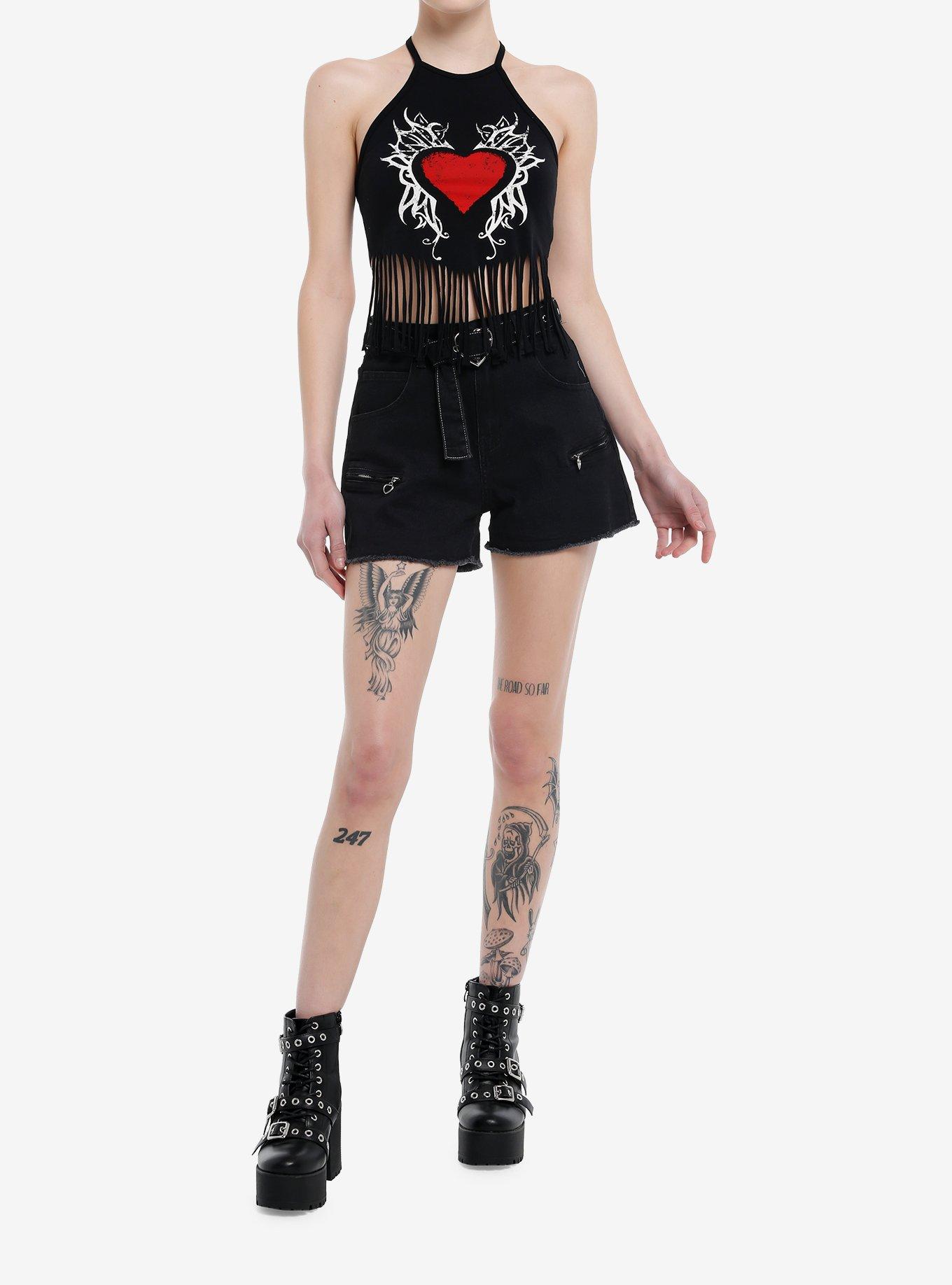 Social Collision Heart Fringe Girls Crop Halter Top, , hi-res