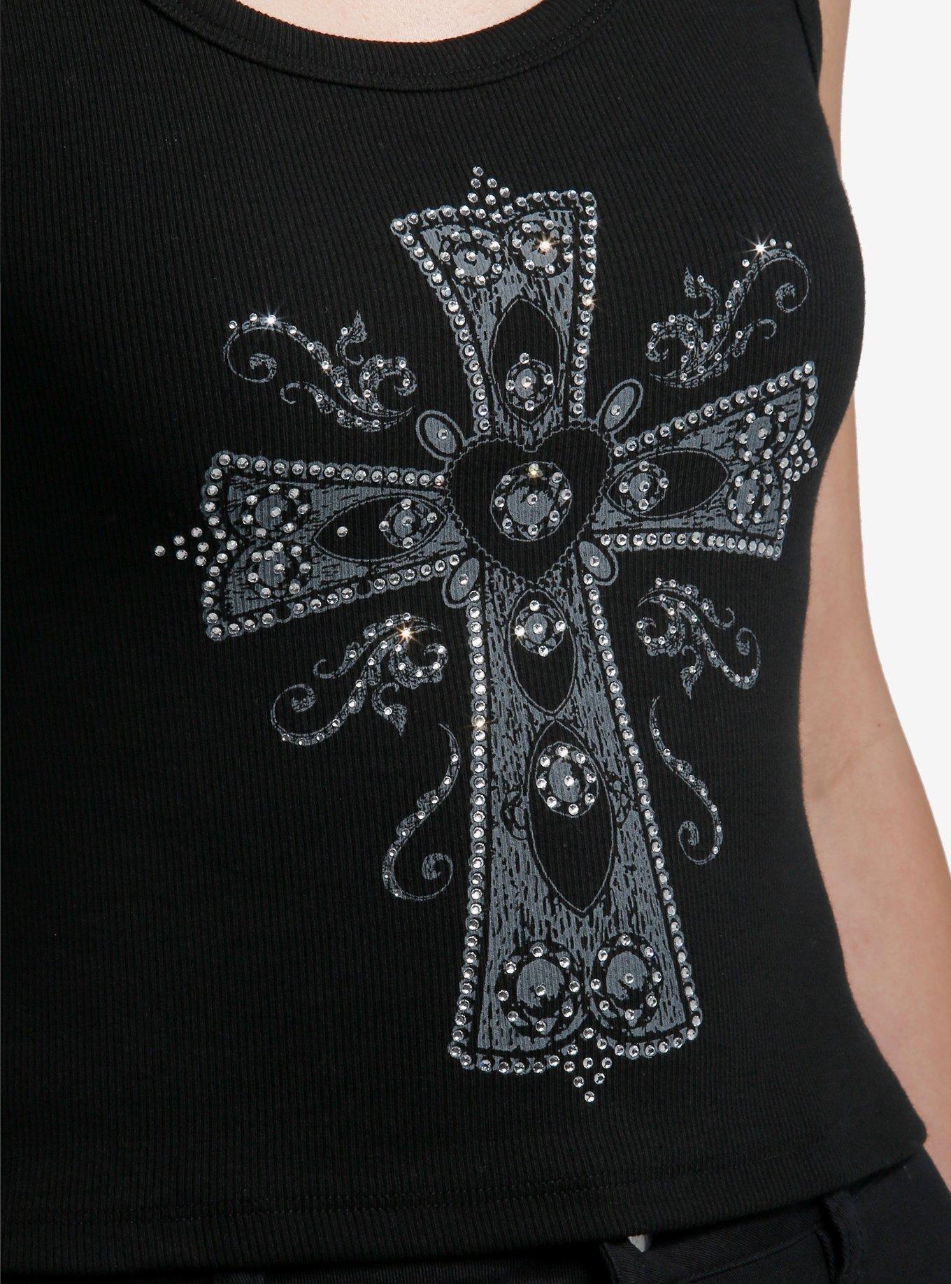 Rhinestone Gothic Cross Girls Tank Top, , alternate
