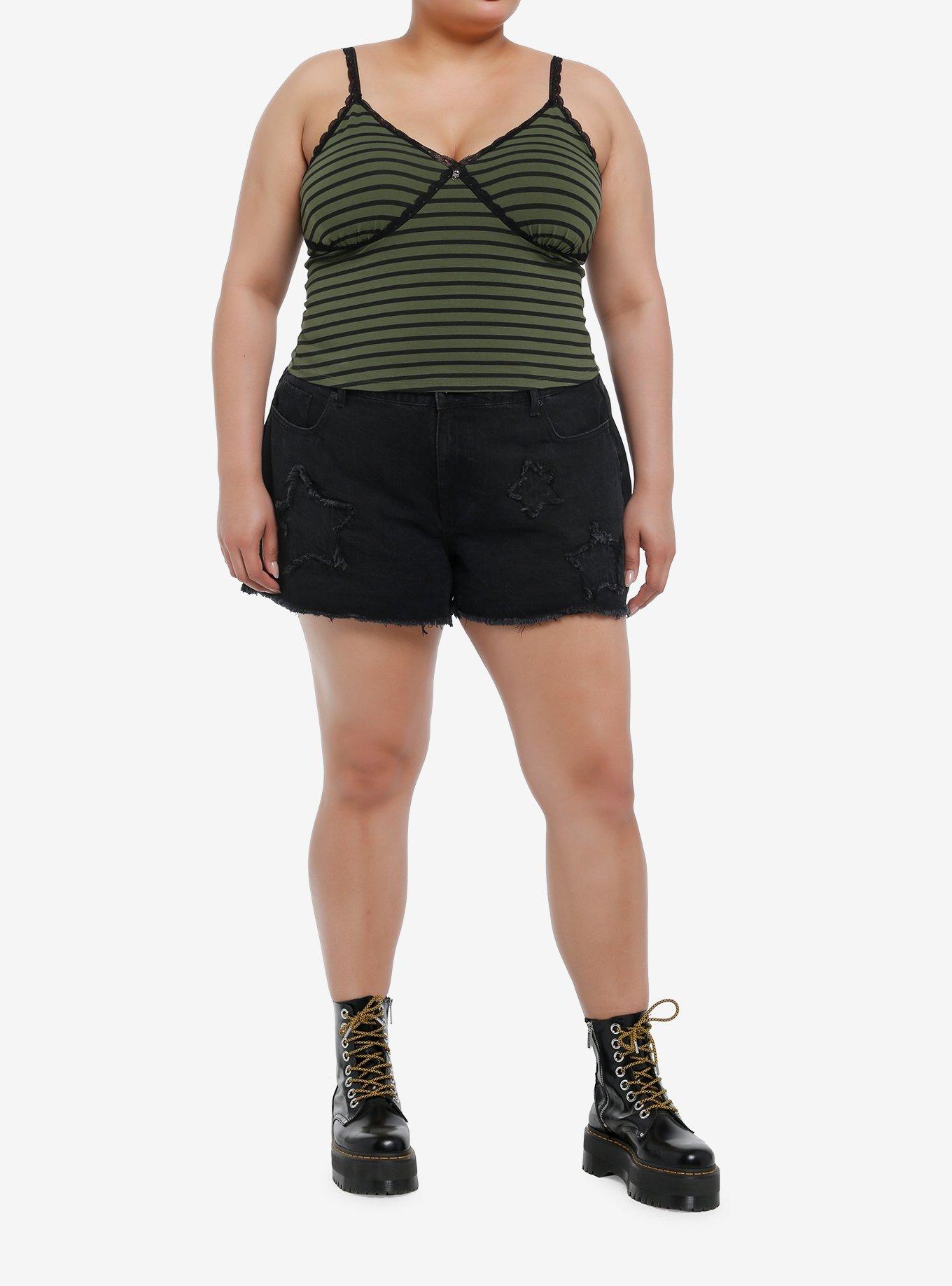 Thorn & Fable Green & Black Stripe Lace Trim Girls Cami Plus Size, BLACK, alternate