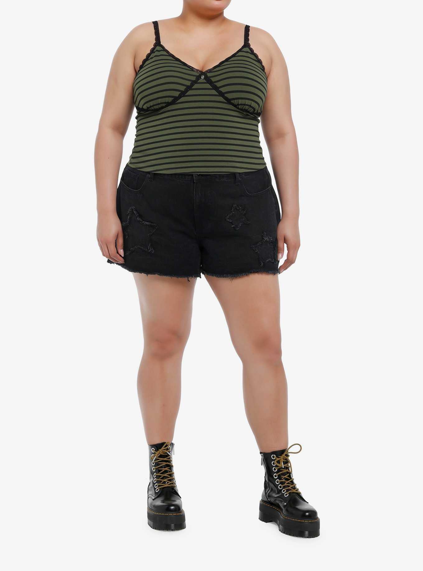 Thorn & Fable Green & Black Stripe Lace Trim Girls Cami Plus Size, , hi-res