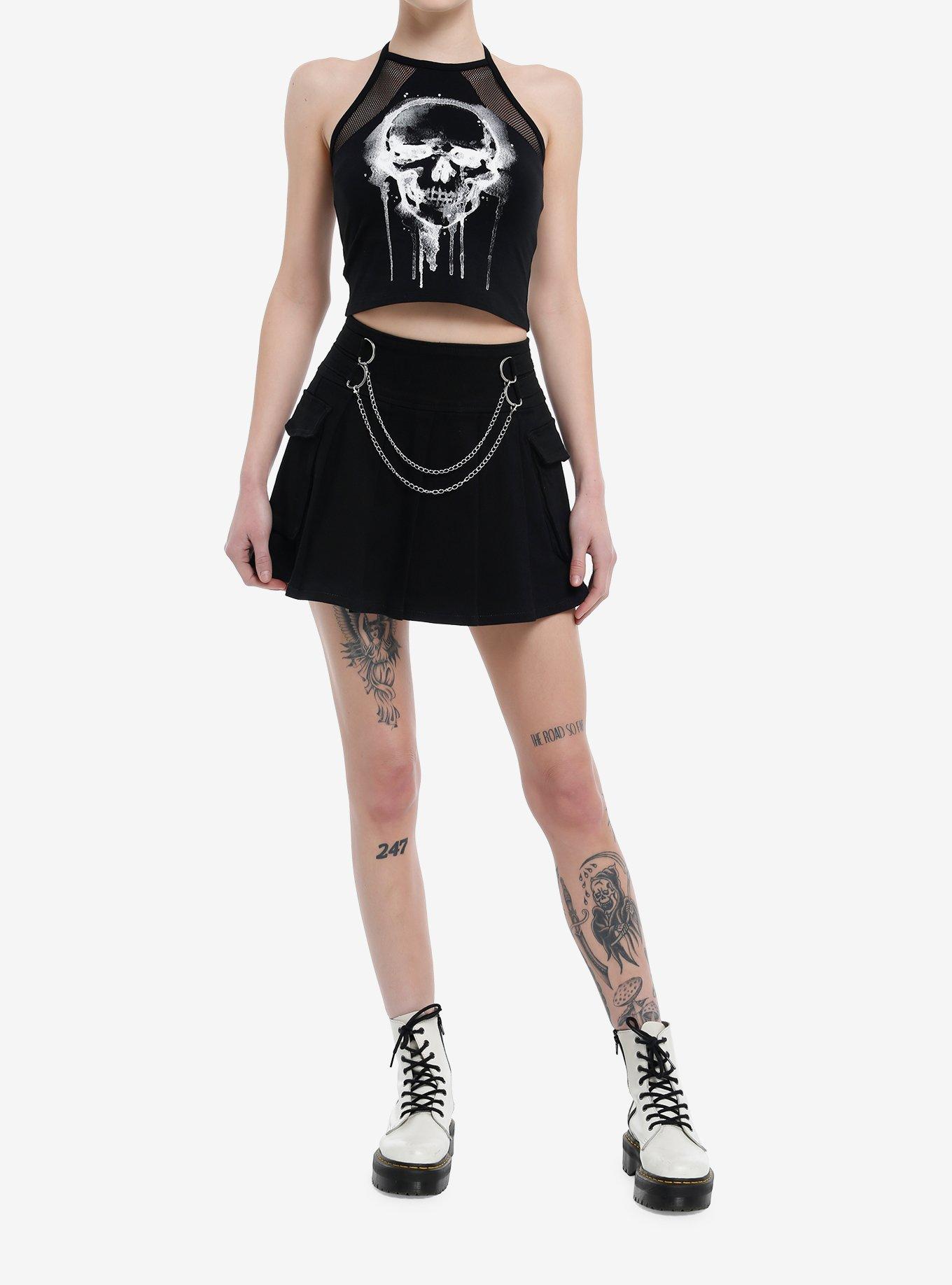 Social Collision Drippy Skull Fishnet Girls Crop Halter Top, , hi-res