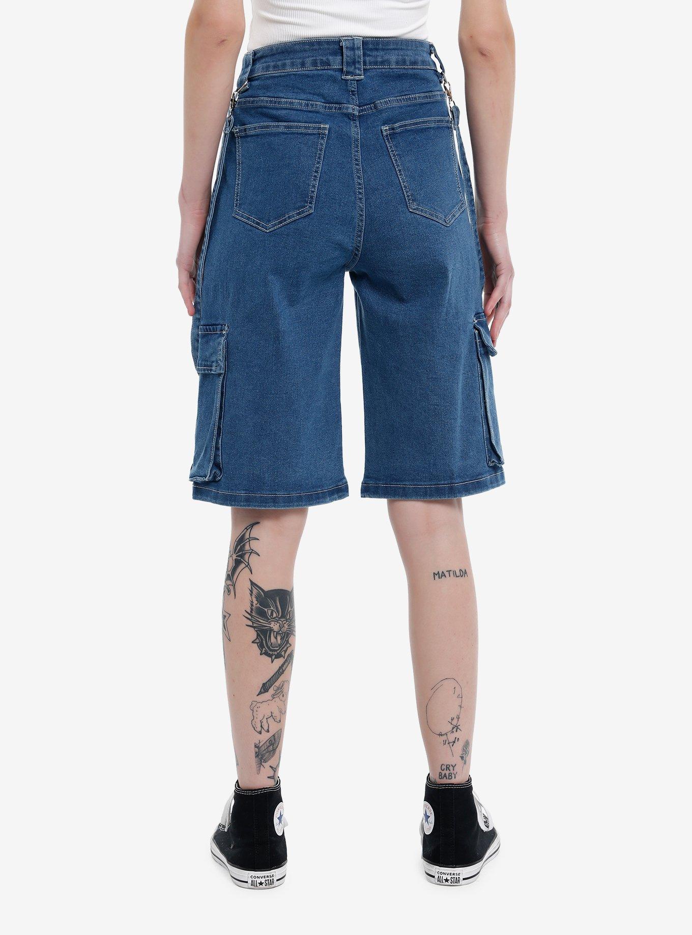 Indigo Suspender Long Denim Cargo Shorts, INDIGO, alternate