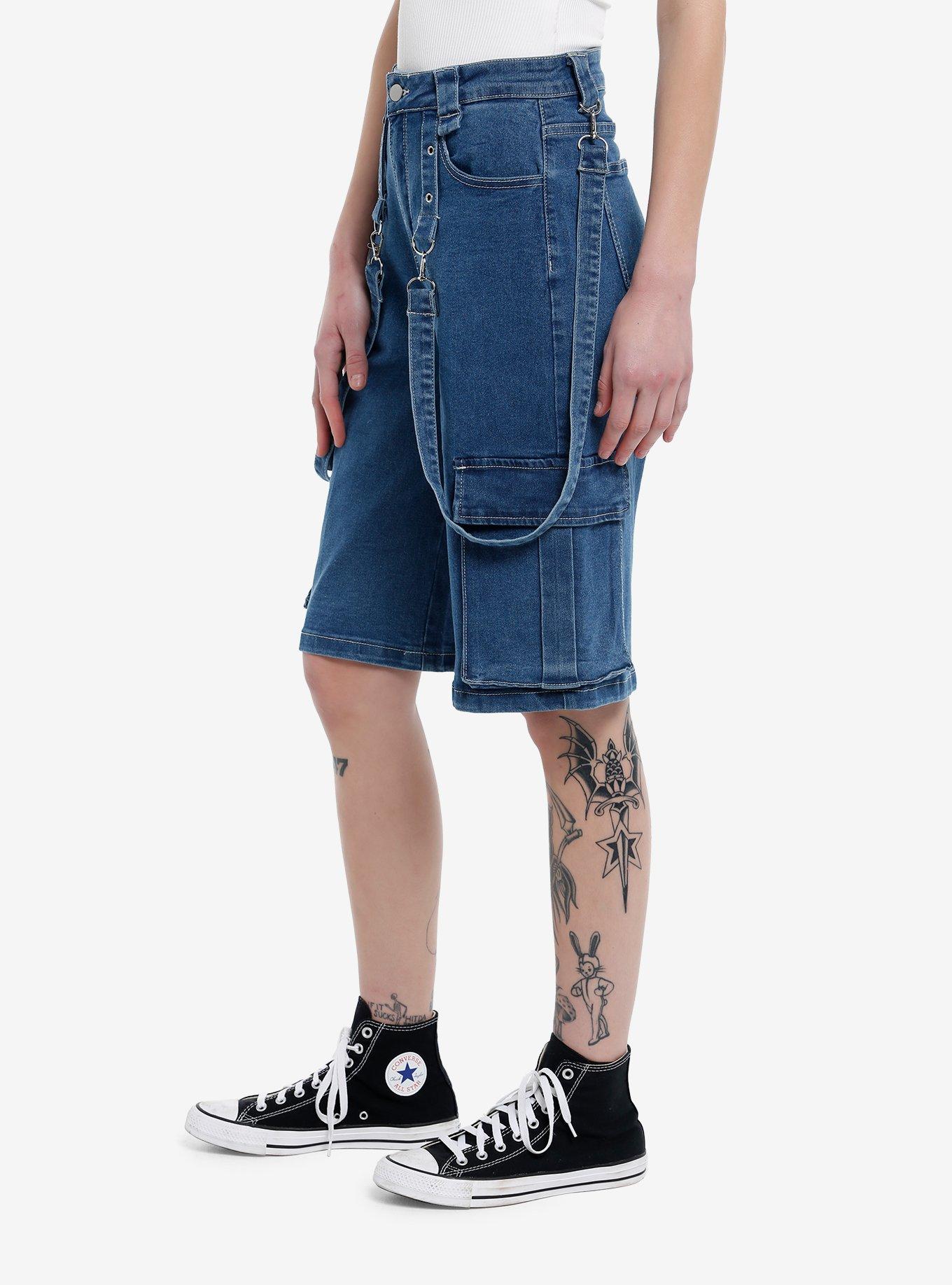 Indigo Suspender Long Denim Cargo Shorts, INDIGO, alternate