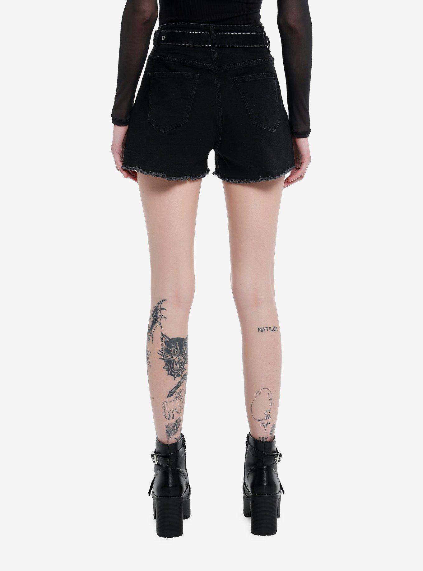 Black Zipper High Rise Shorts With Belt, BLACK, alternate