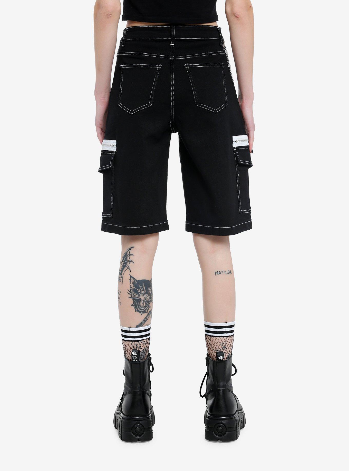 Black Contrast Zipper Pocket Long Shorts, , alternate