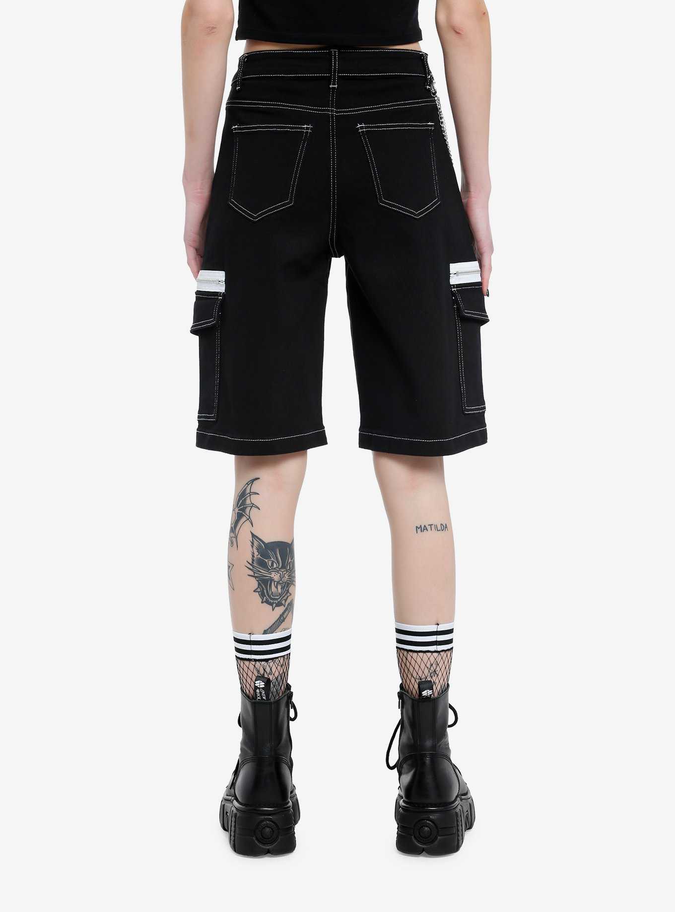 Black Contrast Zipper Pocket Girls Long Shorts, , hi-res