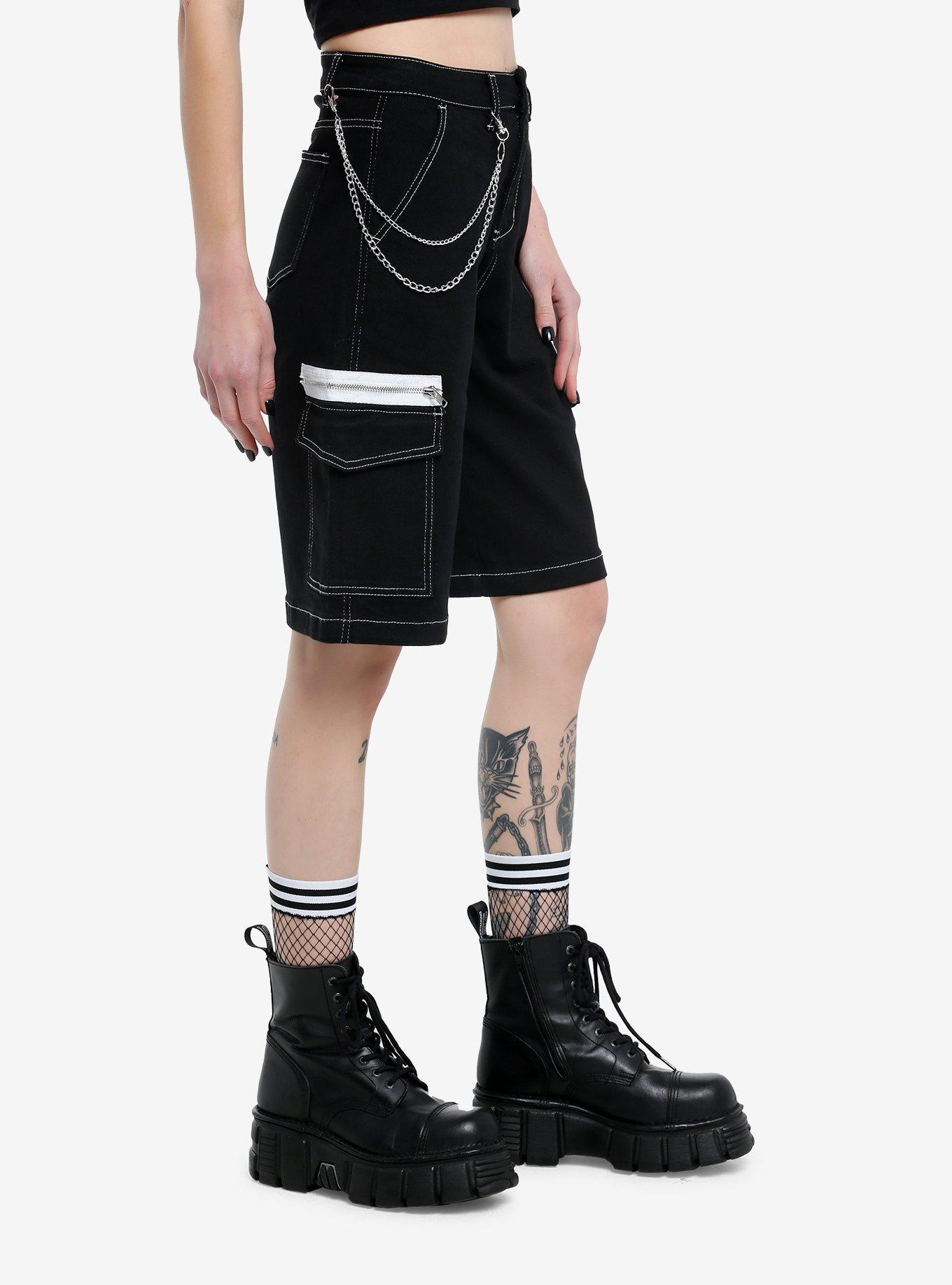 Black Contrast Zipper Pocket Long Shorts, , alternate