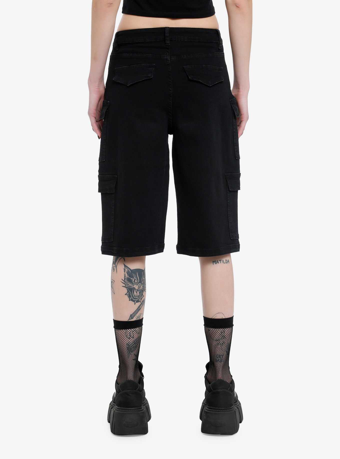 Black Double Cargo Pocket Girls Long Shorts, , hi-res