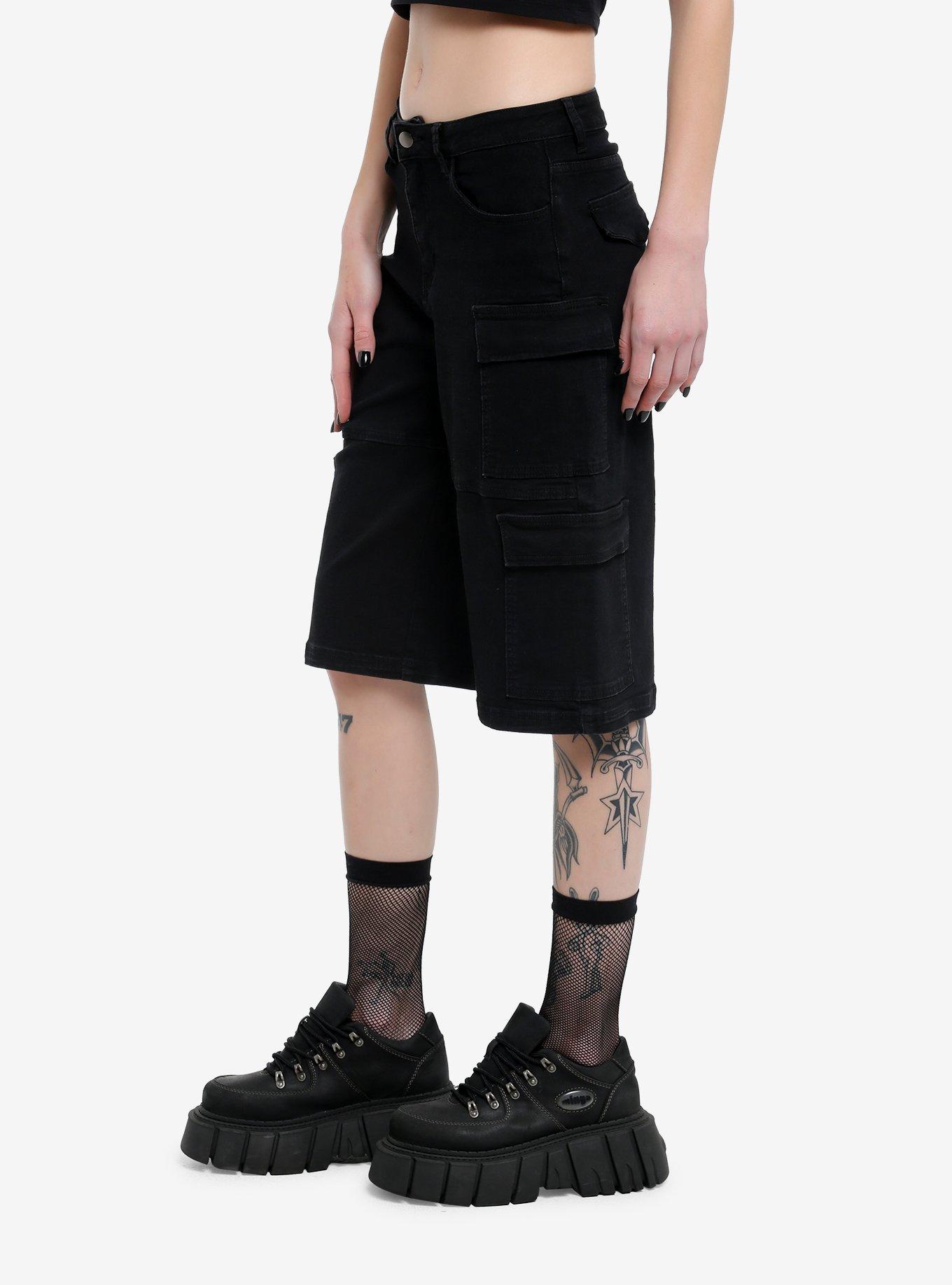 Black Double Cargo Pocket Long Shorts, BLACK, alternate