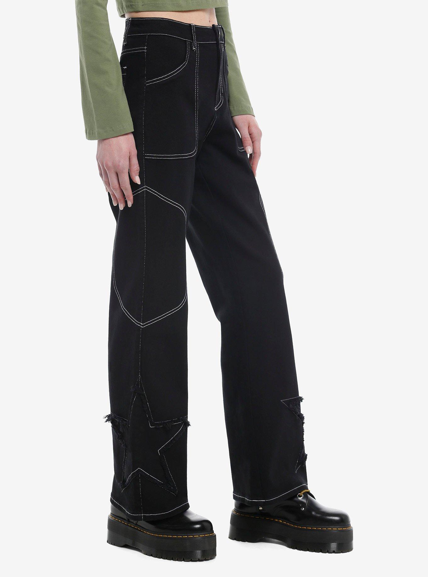 Black Star Contrast Stitch Wide Leg Pants, BLACK, alternate