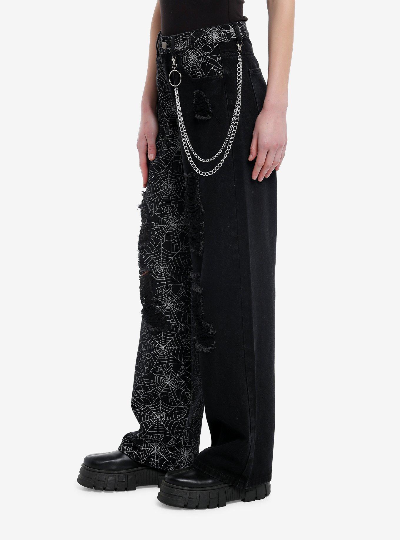 Black Destructed Spiderweb Split Wide Leg Pants, BLACK, alternate