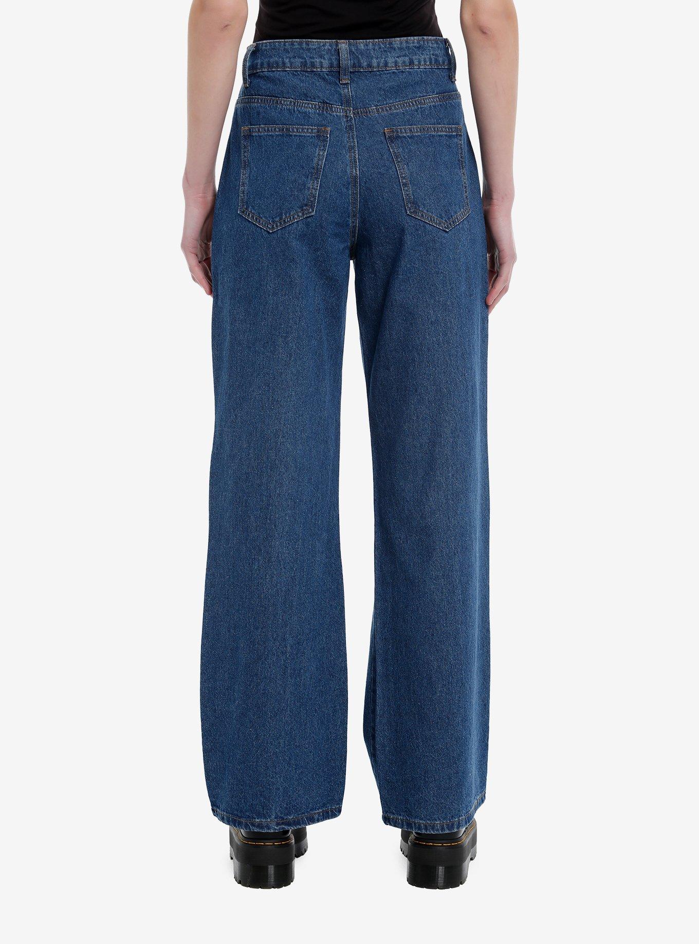 Indigo Destructed Fishnet Wide Leg Denim Pants, , hi-res