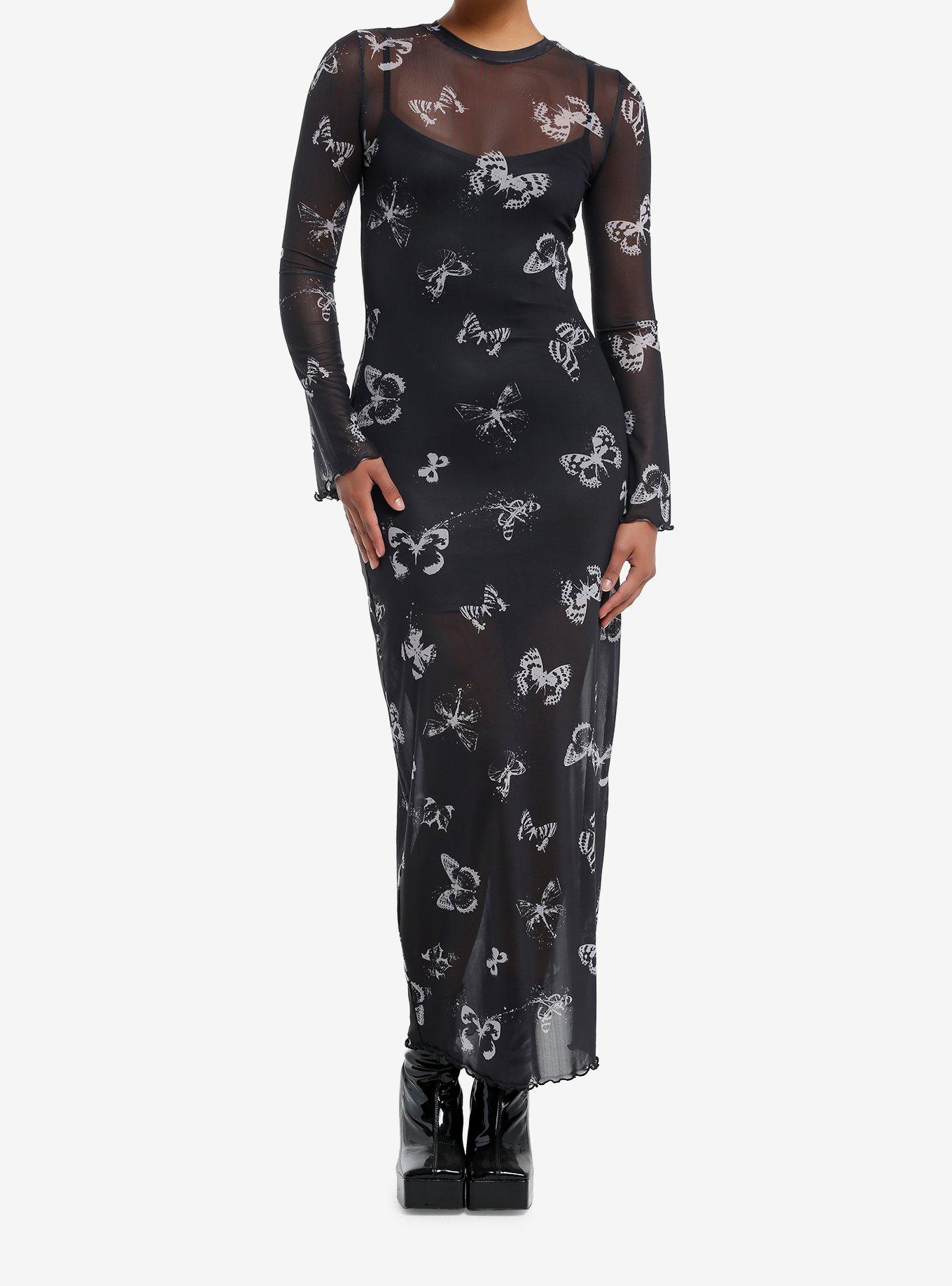 Thorn & Fable Grey Butterfly Mesh Long-Sleeve Midaxi Dress, , hi-res
