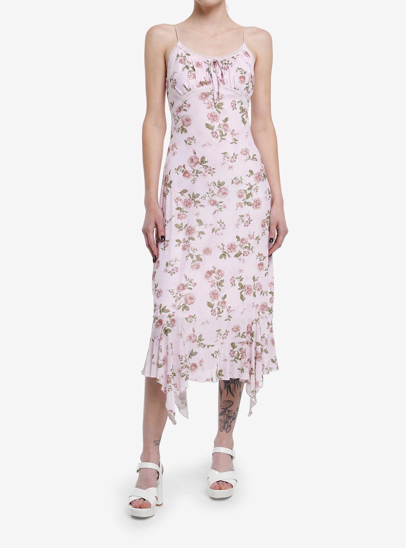 Pink Floral Hanky Hem Midi Dress, PINK, alternate