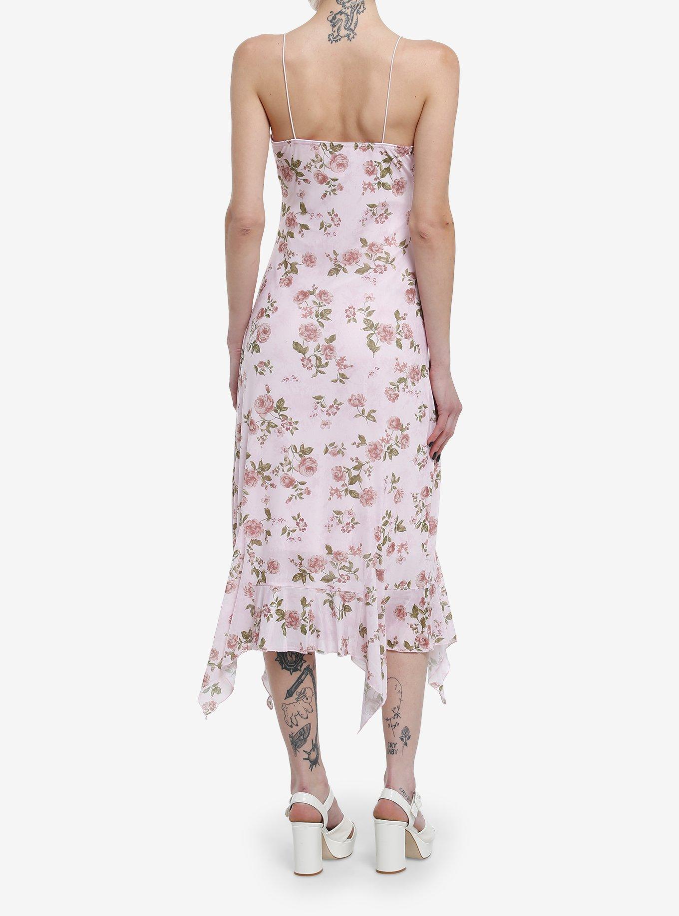 Pink Floral Hanky Hem Midi Dress, PINK, alternate