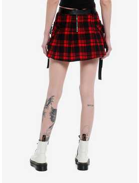 Red Plaid Buckle Pleated Skirt With Belt, , hi-res