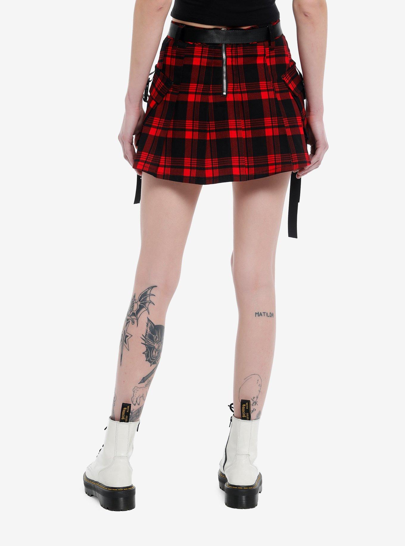 Red Plaid Buckle Pleated Skirt With Belt, BLACK, alternate