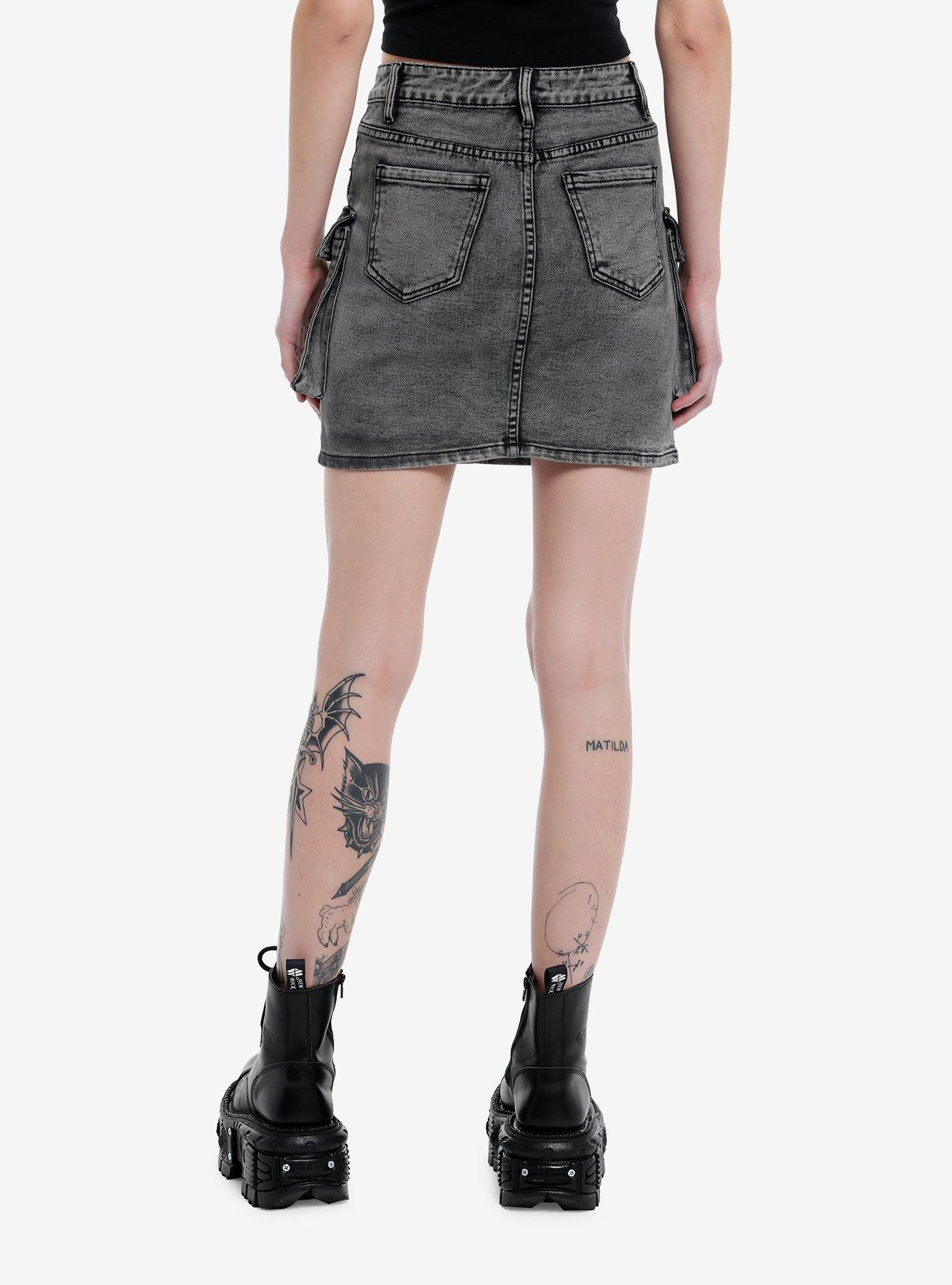 Social Collision Grey Wash Cargo Denim Skirt, , hi-res