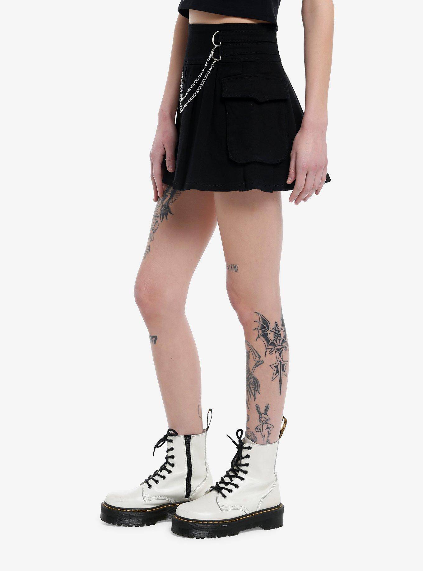 Black Double Chain Cargo Pleated Skirt, BLACK, alternate